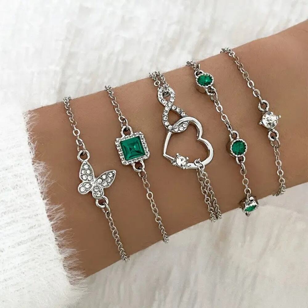 NEW 5pcs Silver Bracelet Set – Green Rhinestone Heart, Butterfly & Infinity